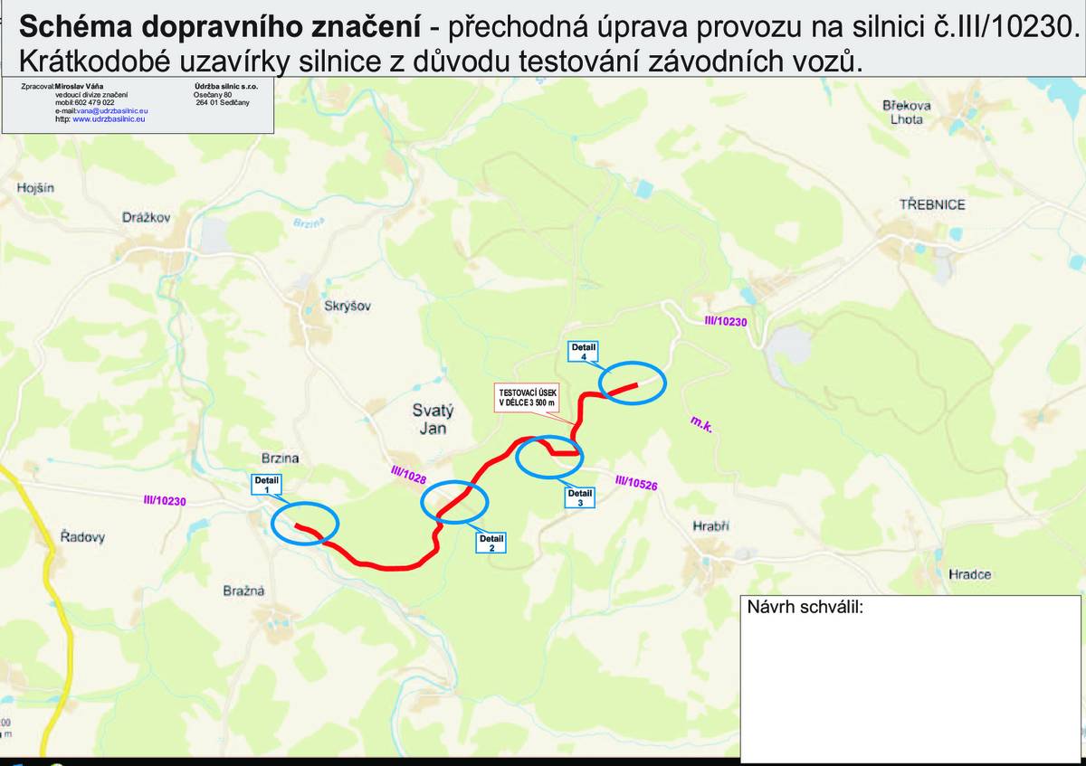 Stanovení přechodné úpravy provozu na silnici č. III/10230, III/10526, III/1028, místní komunikace mezi obcemi Brzina – Svatý Jan – směr Třebnice, z důvodu zajištění bezpečnosti silničního provozu při úplné krátkodobé uzavírce silnice č. III/10230, za účelem pořádání sportovní akce – testování závodních vozidel - 9.10.2025.