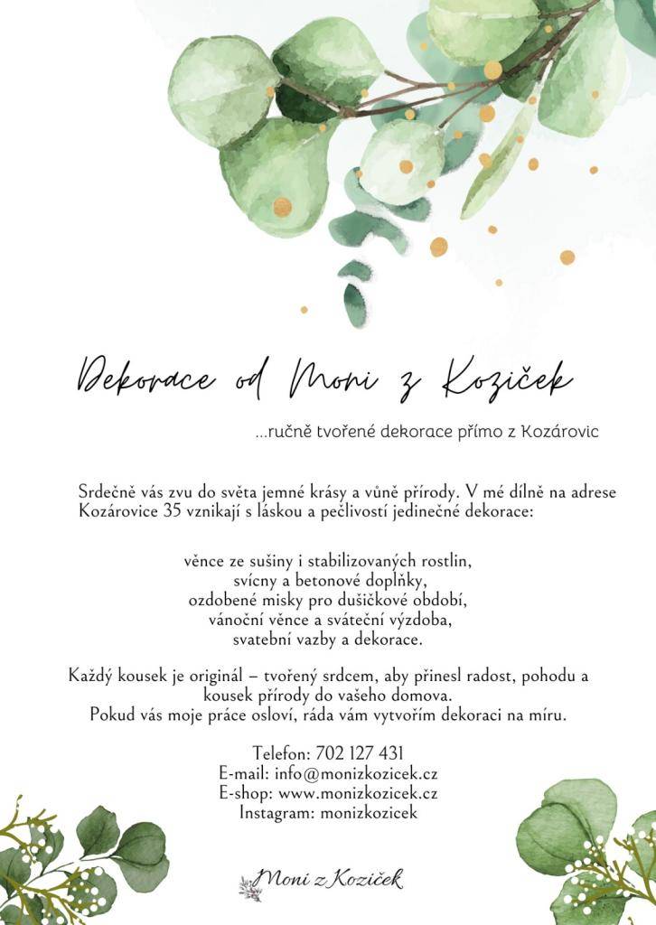 možnost objednání dekorace   tel.: 702 127 431   e-mail: info@monizkozicek.cz  E-shop: www.monizkozicek.cz  instagram:monizkozicek