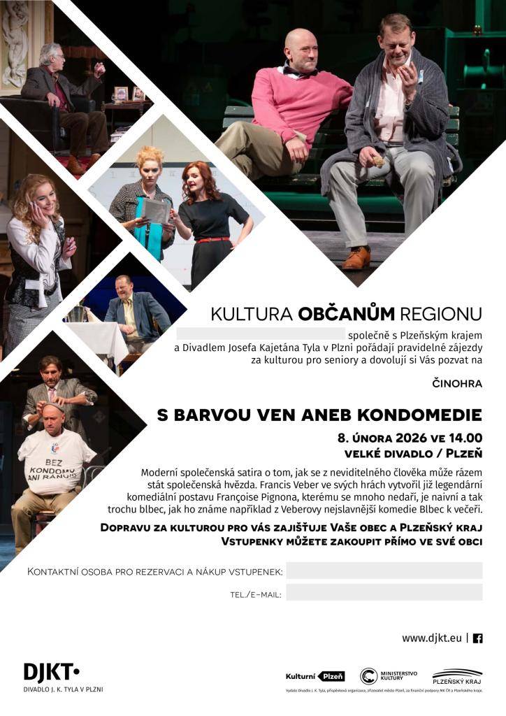 Dobrý den, vážení divadelní přátelé,  zasílám Vám podklady k činohernímu představení S barvou ven aneb Kondomedie.  Představení odehrajeme 08. 02. 2026 ve 14:00 ve Velkém divadle.  Vstupenky je možné objednat na obecním úřadě do 31.12.2025