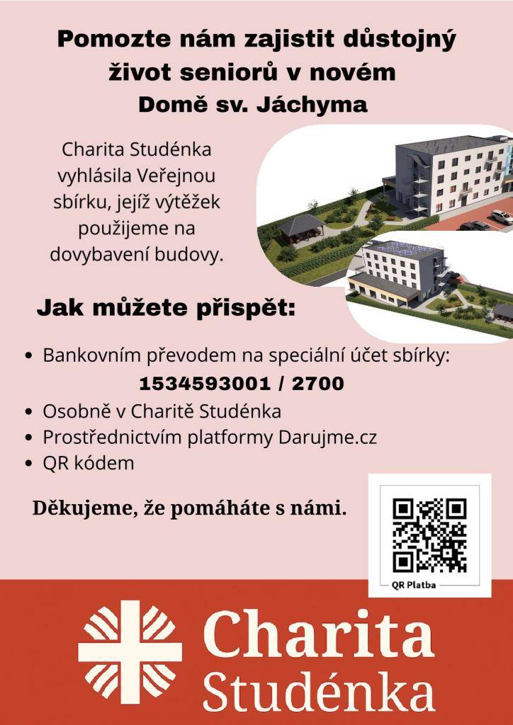 Charita Studénka vyhlásila Veřejnou sbírku, jejíž výtěžek bude použit na dovybavení budovy.  Více informací v přiloženém plakátu.