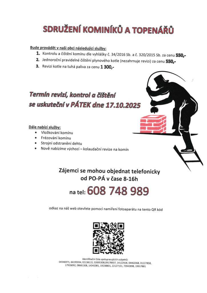 Kontroly a čištění kotlů na tuhá paliva, plynových kotlů a spalinových cest 17.10.2025.  Objednávky: 608 748 989