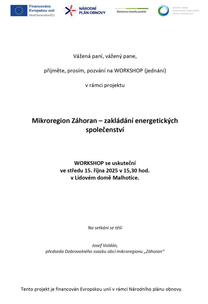 Přijďte na workshop o komunitní energetice, který se koná 15. října 2025 v 15:30 v Lidovém domě Malhotice. Získejte cenné informace o možnostech a výhodách komunitní energetiky.