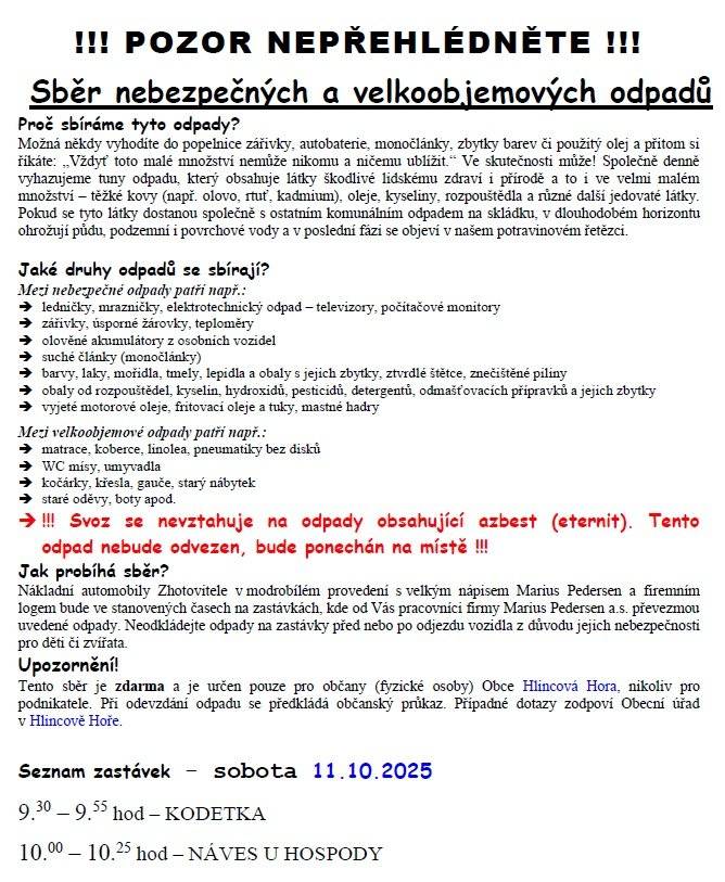 SVOZ velkoobjemového a nebezpečného odpadu - sobota 11.10.2025