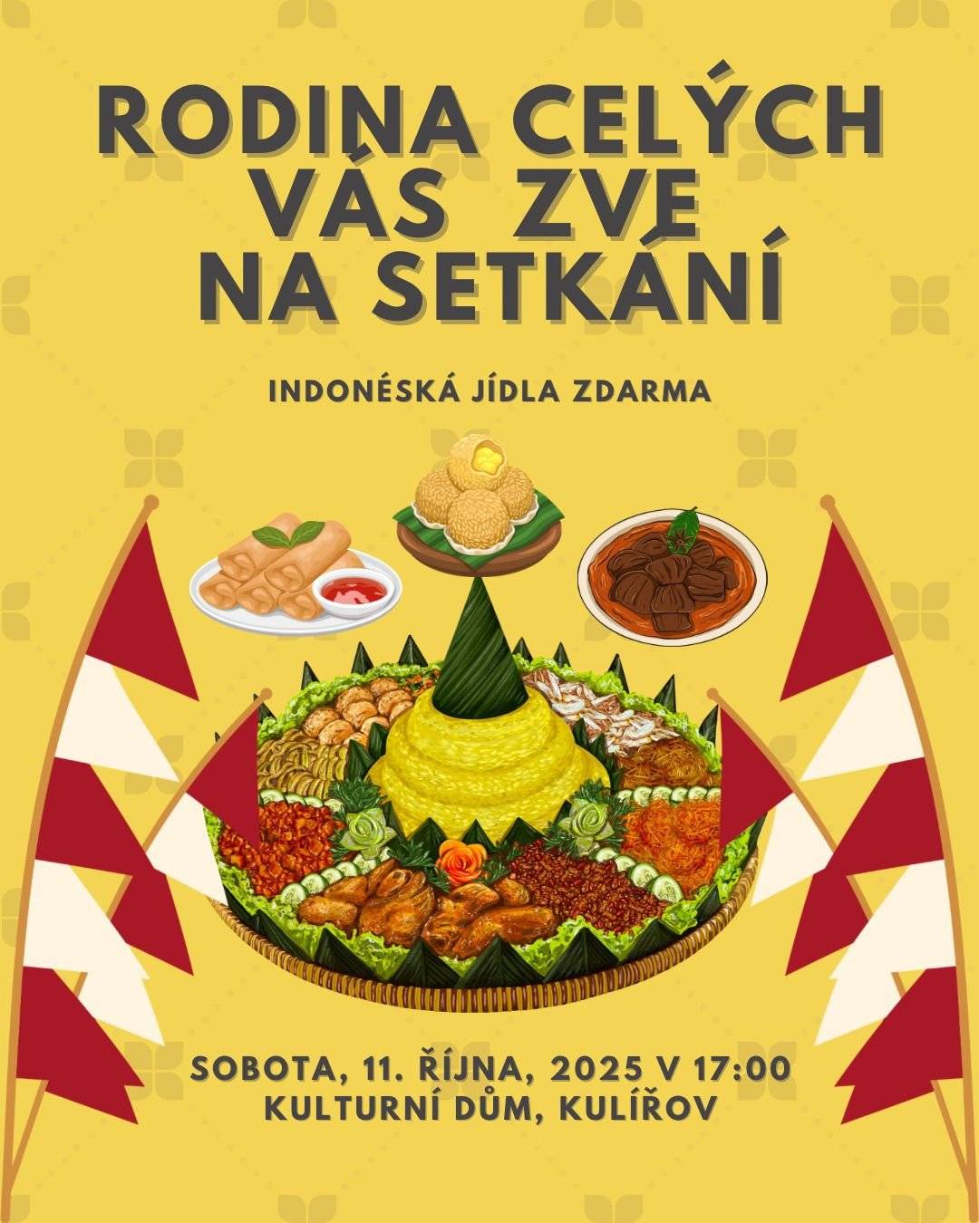 Milí sousedé, rádi bychom se vám představili, protože jsme se nedávno přistěhovali do Kulířova. Zveme vás na přátelské setkání s indonéským jídlem a zábavou.   🍽️ Indonéská jídla zdarma 🎨 Malování na obličej pro deti zdarma   📅 Sobota, 11. října 2025 v 17:00 📍 Hospoda, Kulířov   Těšíme se na vás! Rodina Celých