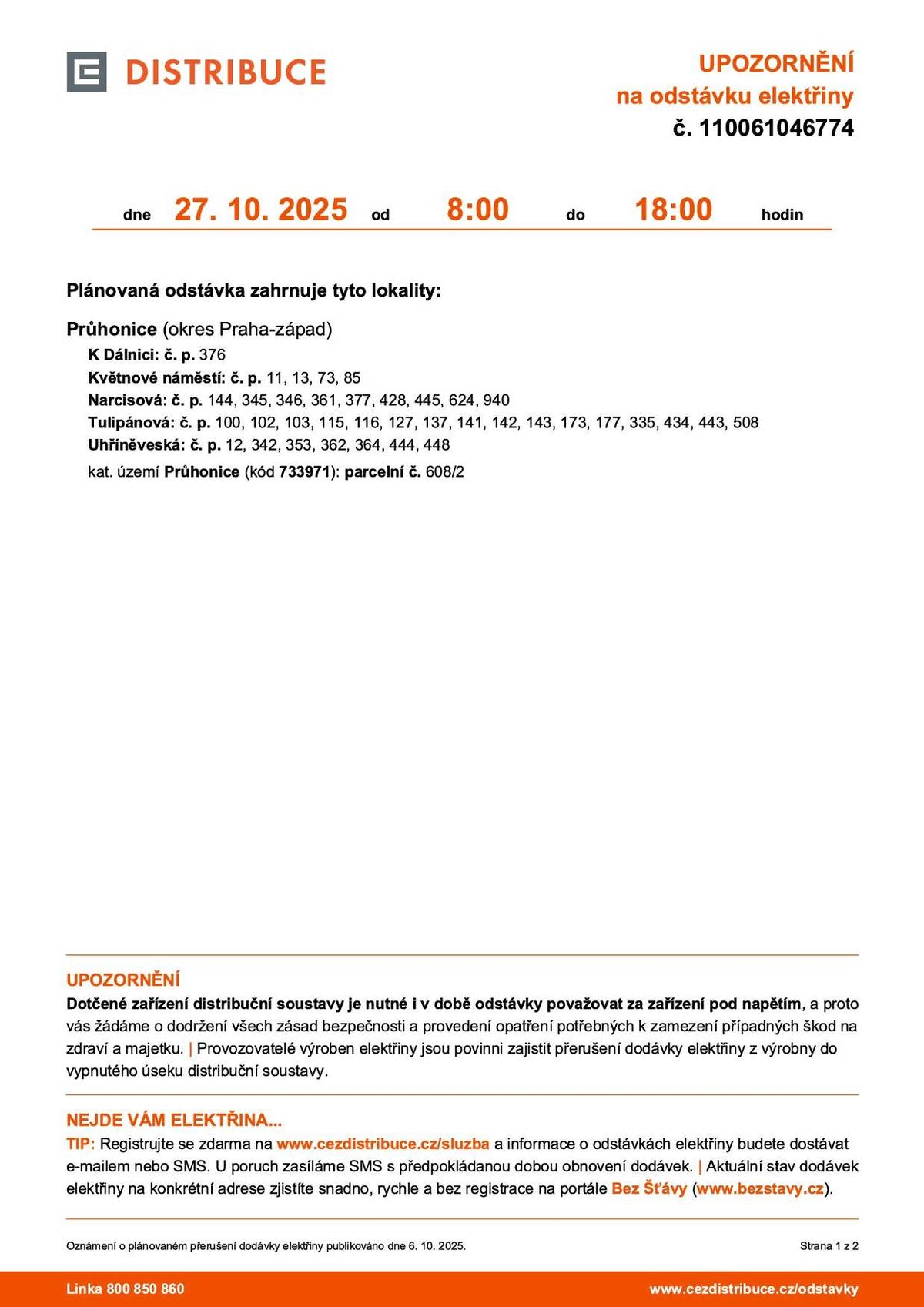 Oznámení o přerušení dodávky elektrické energie dne 27.10.2025