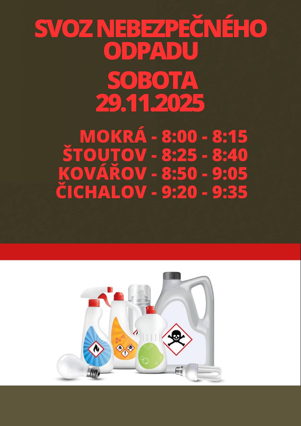 Obec Čichalov informuje o svozu nebezpečného odpadu. sobota 29.11.2025 Mokrá 8:00 - 8:15, Štoutov 8:25 - 8:40, Kovářov 8:50 - 9:05, Čichalov 9:20 - 9:35. Žádáme vás aby jste odpad přinášeli až po přistavení vozu, a ukládali ho do kontejneru na základě pokynů posádky. Odvoz eternitu do max. váhy cca 300 kg je nutné nahlásit předem / T. 496 647 102, 493 647 109 /