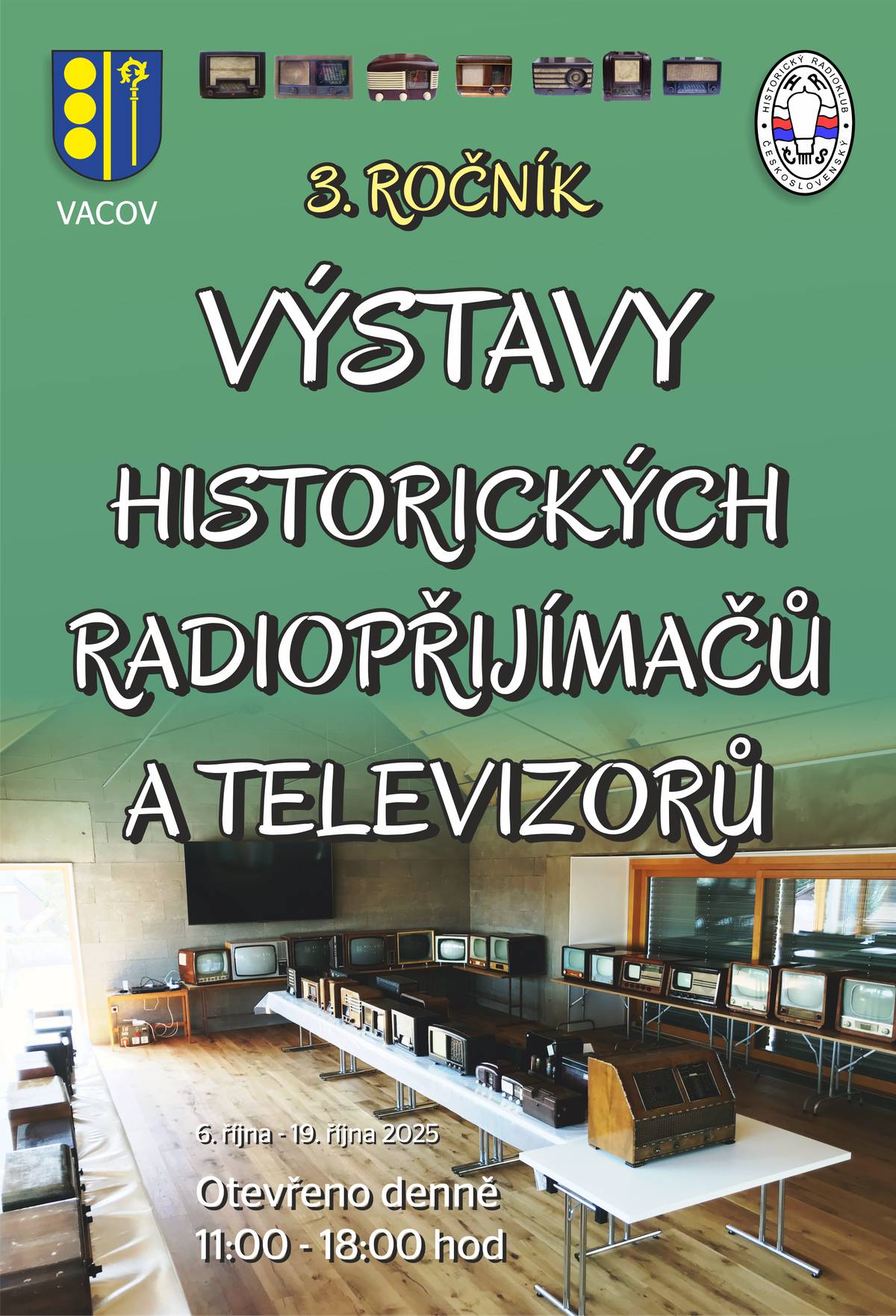 Srdečně zveme na 3. ročník výstavy historických radiopřijímačů a televizorů v sále obecního domu na náměstí ve Vacově, otevřeno denně 11.00 - 18.00 hod. ve dnech 6. -19. 10. 2025. Využijte jedinečnou možnost a přijďte se potěšit krásou starých přijímačů.