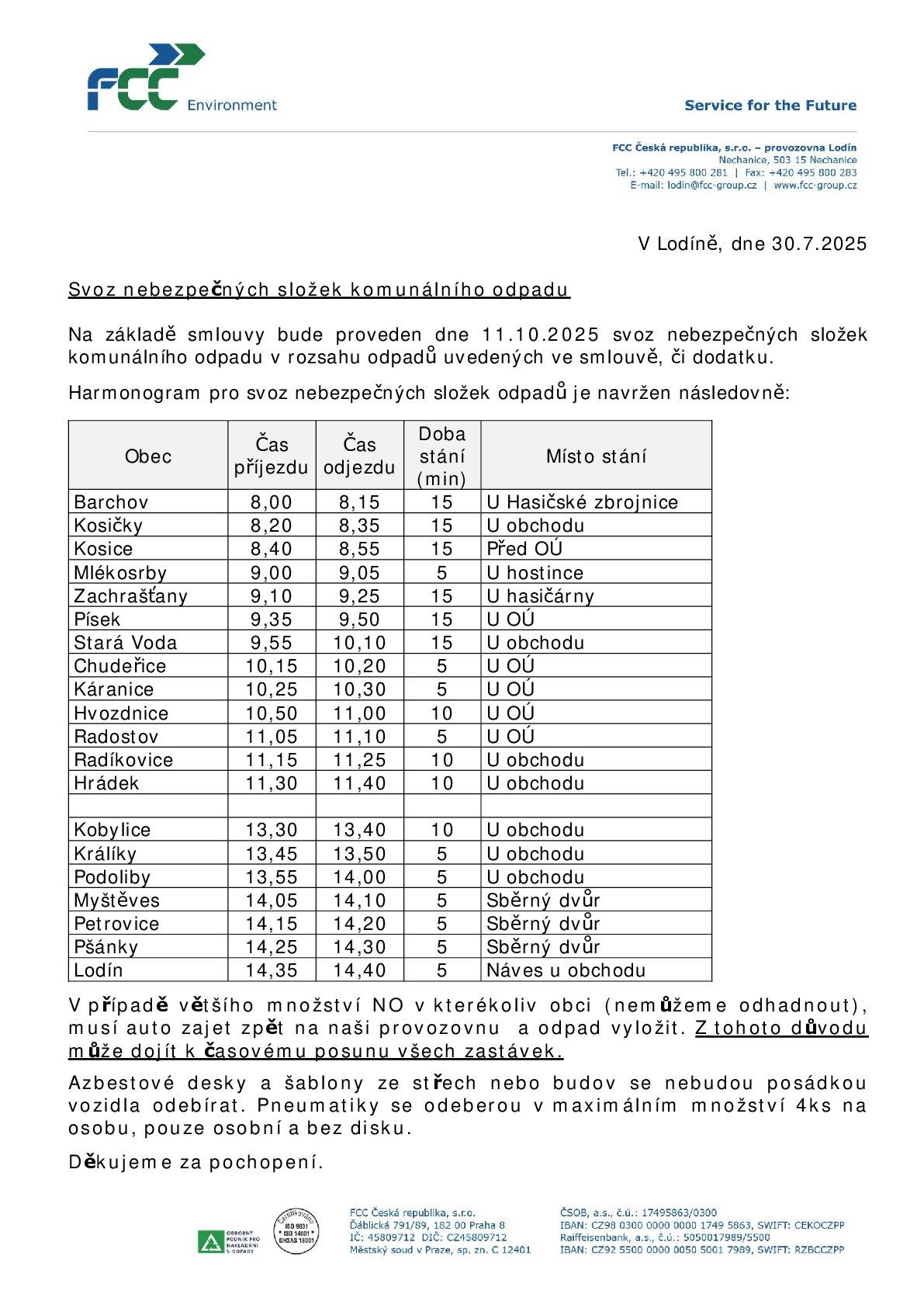 V sobotu ráno od 8,00 - 8,20 hod. bude proveden firmou FCC (ASA Lodín) svoz nebezpečných složek odpadu u budovy Obecního úřadu Barchov. Co zde můžete v nepropustných obalech již v pátek odpoledne složit najdete na přiložených instrukcích.