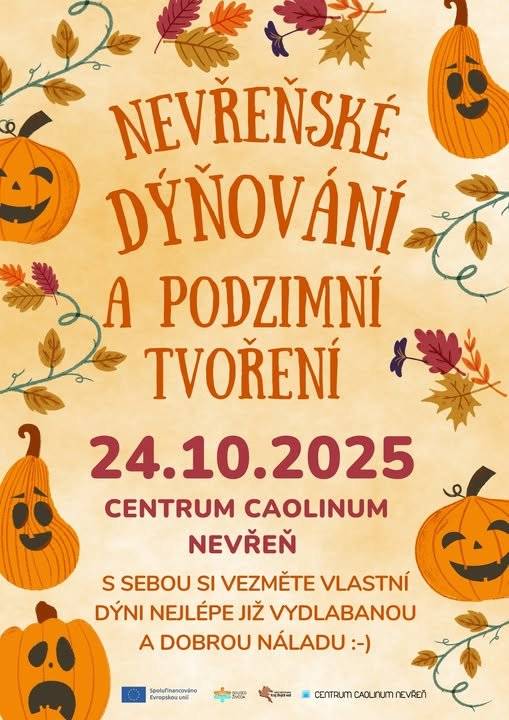 🎃 Dýňování v Caolinu! 🎃 Zveme všechny malé, velké i ty úplně největší (ano, i dospělé 😄) na oblíbené podzimní dýňování! 📅 Pátek 24. 10. 2025 🕓 od 16:00 📍 Centrum Caolinum Nevřeň 👉 S sebou si přineste vlastní dýni (nejlépe už vydlabanou) a hlavně dobrou náladu! Tvořit může opravdu každý – fantazii se meze nekladou. ✨ Těšíme se na společné odpoledne plné kreativity, zábavy a podzimní atmosféry. 🍂🍁
