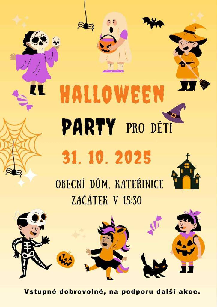Milí rodiče, zveme všechny děti na strašidelnou Halloween párty, která se koná 31. 10. 2025 od 15:30 v Extrovně obecního domu Kateřinice. Každé dítě může přijít v kostýmu, ať už je to strašidlo, princezna nebo kytička. Rodiče jsou vyzváni, aby přinesli něco k jídlu a pití, fantazii se meze nekladou.