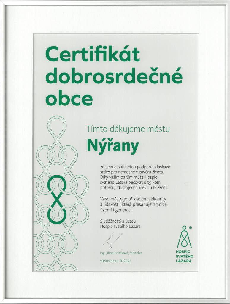 Město Nýřany ze svého rozpočtu dlouhodobě podporuje Hospic svatého Lazara.