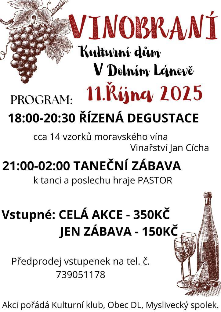 Zveme vás již tuto sobotu 11. října od 18h na vinobraní v Kulturním domě v Dolním Lánově. Proběhne degustace i taneční zábava.