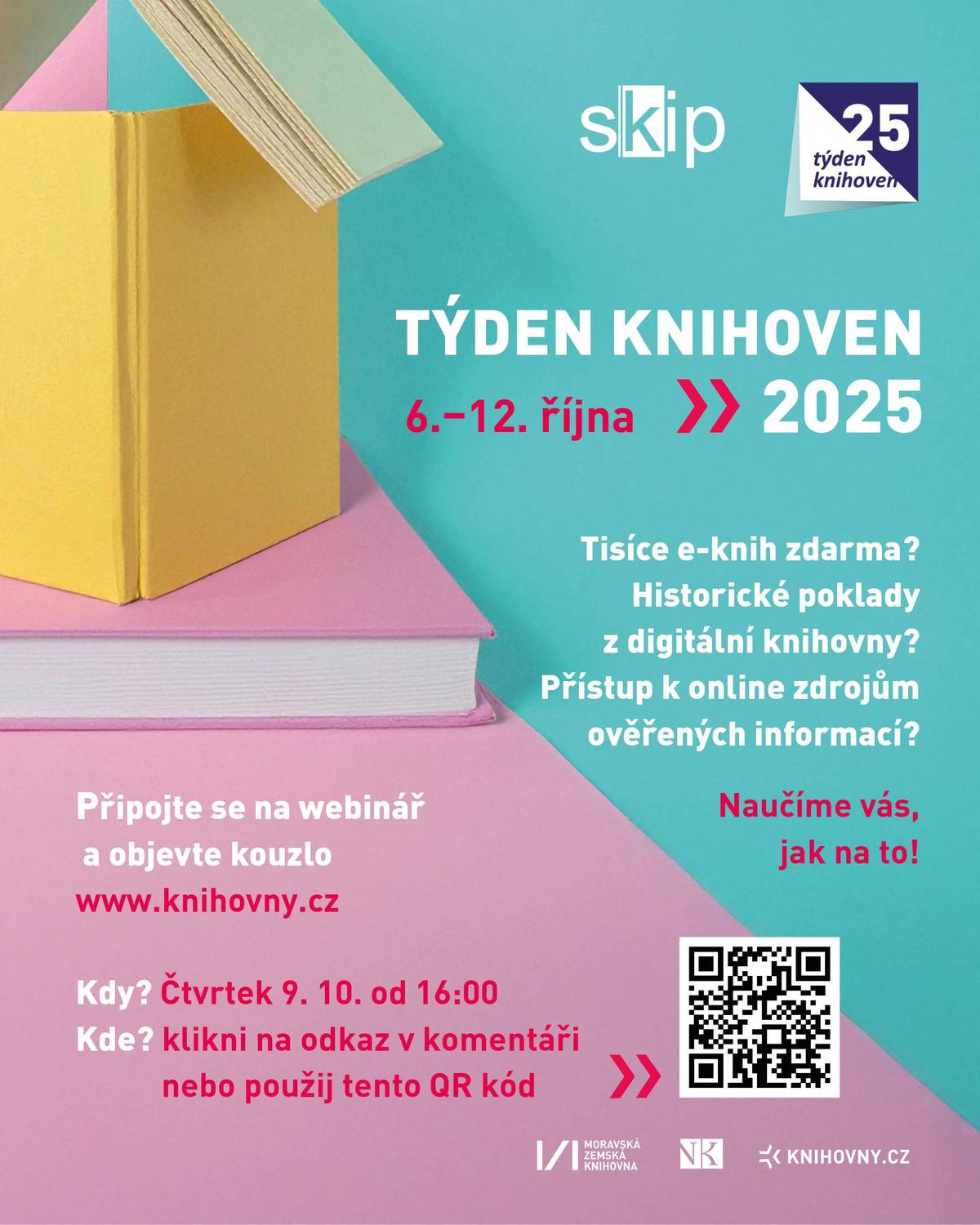Tento týden 6.-12.10.2025 probíhá celostátní akce Týden knihoven 2025. Název kampaně Týdne knihoven 2025 je  " Jsme tu pro Vás. Naživo i online. Vaše knihovny".  Pomezská knihovna je tu pro Vás otevřená každou středu od 13.00 do 17.00 hodin. V rámci Týdne knihoven se můžete přihlásit k online webináři na téma, jak se dostat zdarma k e-knihám a jiným e-zdrojům. I naše knihovna se připojí a zjistí pro Vás, jak na to.Návody a informace pak budou dostupné v naší knihovně. Přejeme hezký týden s knihou v ruce.