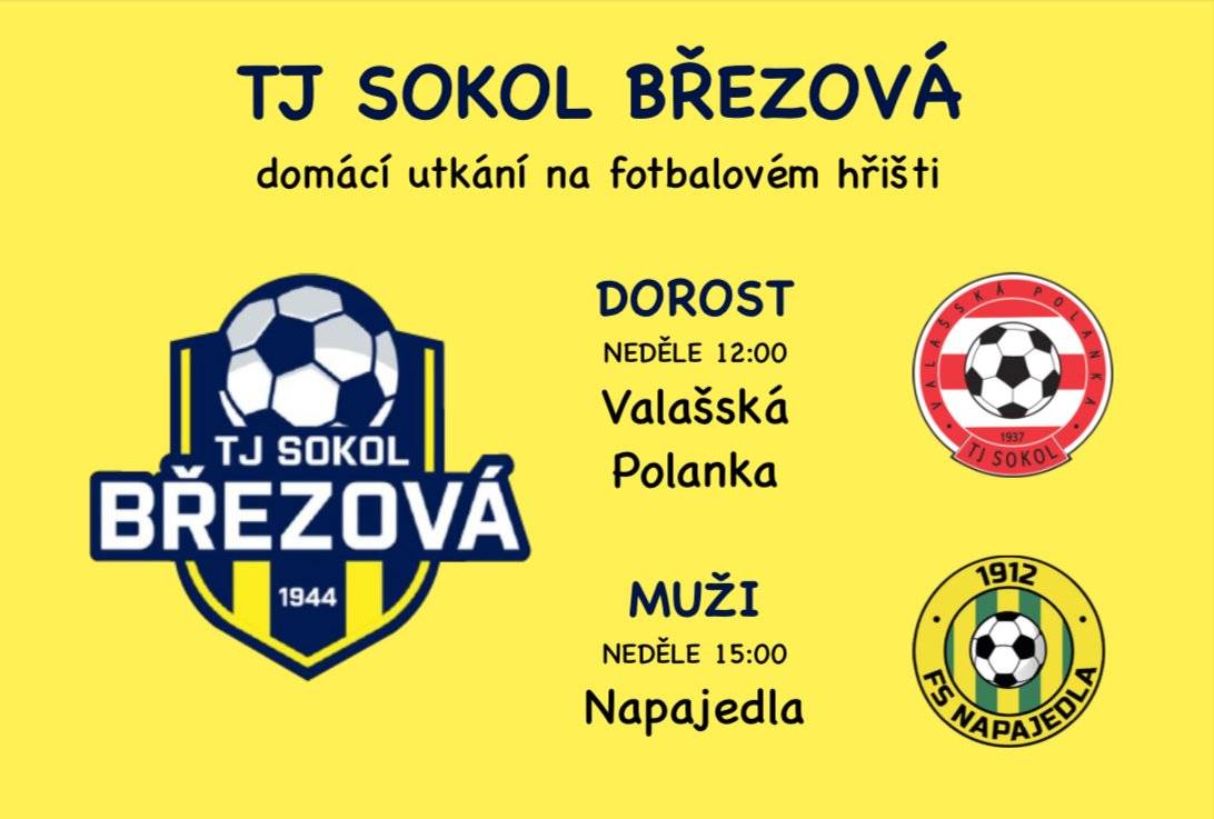 ⚫️ TJ Sokol Březová - TJ Sokol Valašská Polanka | NEDĚLE 12:00 🟡 TJ Sokol Březová - FS Napajedla | NEDĚLE 15:00 TJ Sokol Březová zve své příznivce na domácí fotbalová utkání. Přijďte podpořit naše ogary na domácí hřiště a občerstvit se v bufetu a udírně.