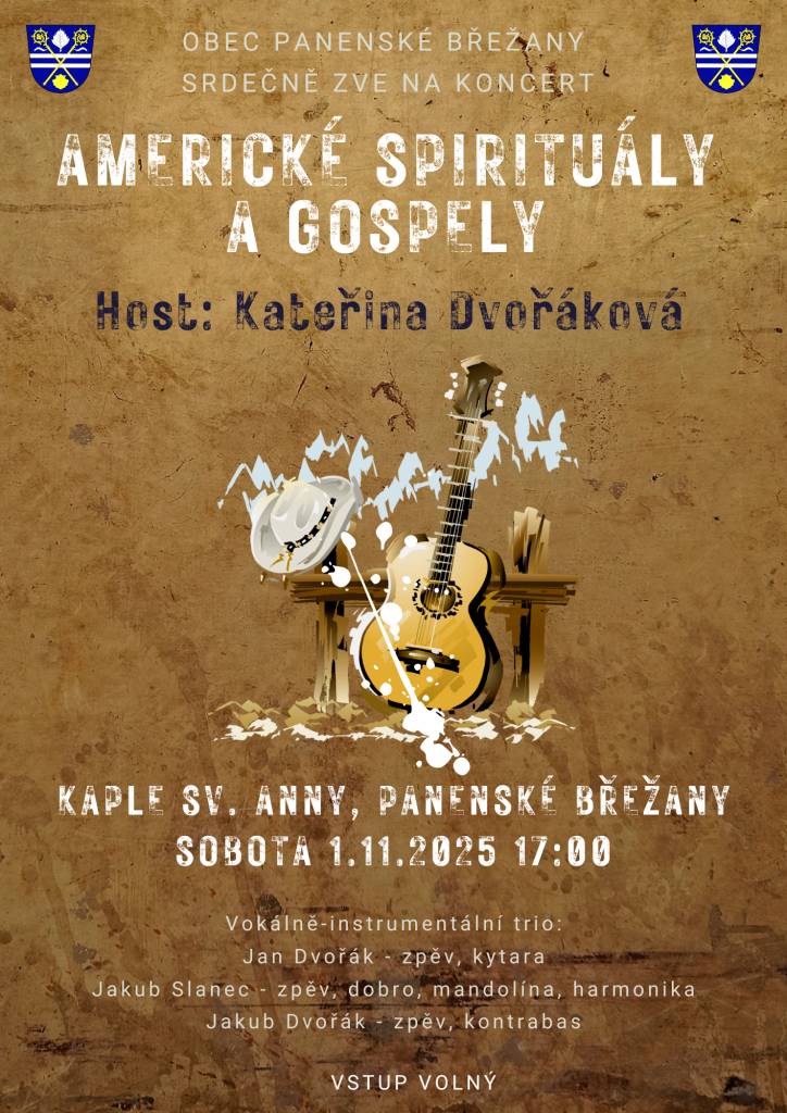 Srdečně zveme na americké spirituály a gospely v ryze akustickém pojetí, které předvede kapela Vivat Acustica z Vodolky. Ve druhé půlce večera s touto kapelou vystoupí mladá zpěvačka Kateřina Dvořáková se známými covery anglických i českých písní. Vstup zdarma. Všichni jste srdečně zváni.