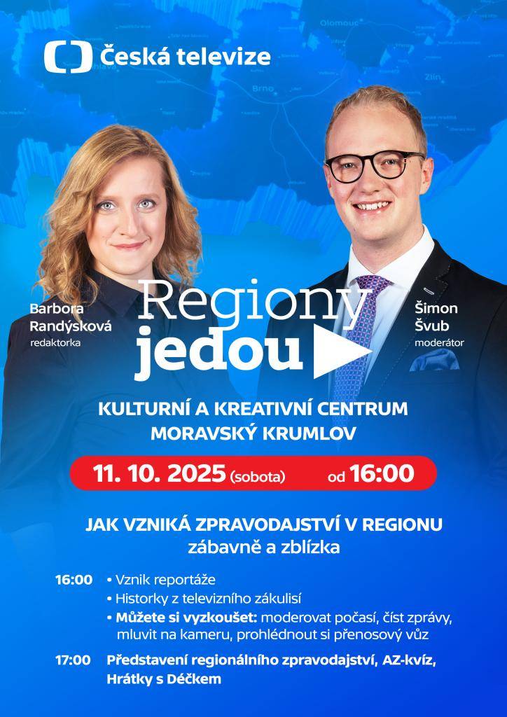 Kulturální a kreativní centrum v Moravském Krumlově pořádá akci zaměřenou na zpravodajství v regionu, která se koná 06.10.2025. Od 16:00 se můžete zapojit do aktivit jako moderování počasí nebo čtení zpráv a prohlédnout si přenosový vůz. Dozvíte se také historky z televizního zákulisí. Akce pokračuj