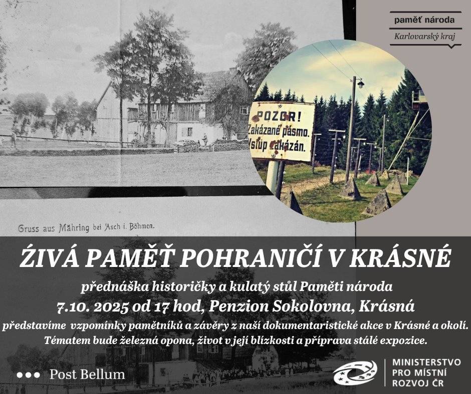 Dnes 07.10.2025 od 17 hodin v Sokolovně Krásná   Přednáška historičky Jeleny Dědkové a kulatý stůl s tématem železná opona a život v její blízkosti.     Vstup zdarma