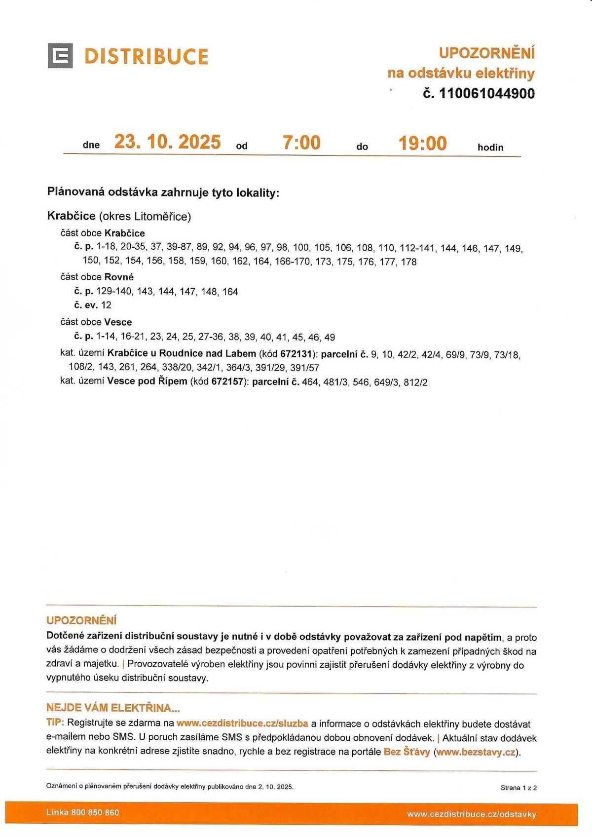 dne 23.10.2025 plánovaná odstávka elektřiny