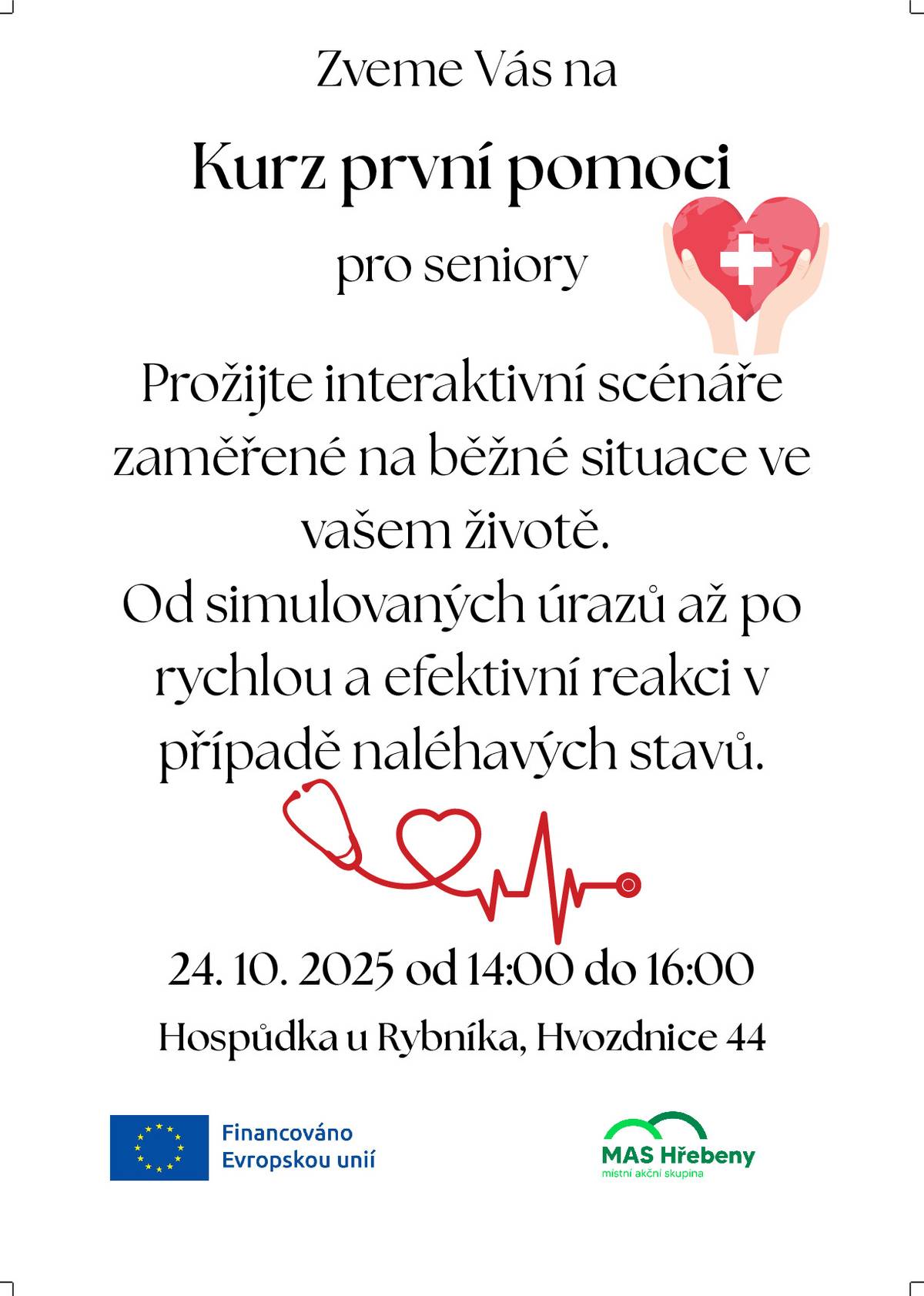 Zveme Vás na Kurz prví pomoci pro seniory. 24.10.2025, od 16 h, Hospůdka u Rybníka.