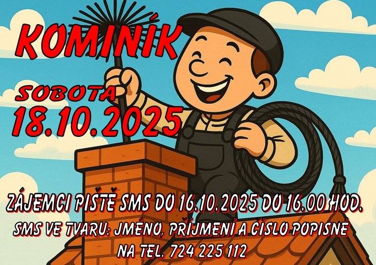V sobotu 18.10.2025 od 8.00 v naši obci. Zájemci piště SMS ve tvaru: jméno, příjmení a čp. na tel. 724 225 112