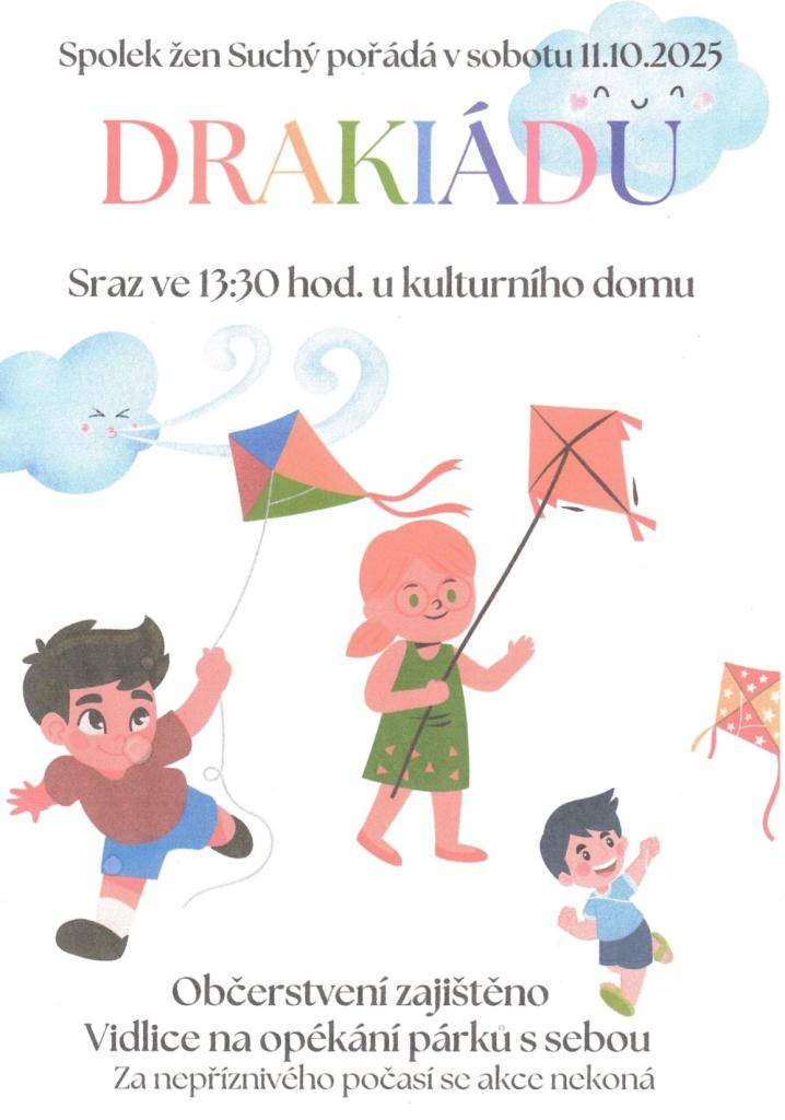Spolek žen Suchý pořádá v sobotu 11.10.2025 Drakiádu. Sraz ve 13:30 hod. u kulturního domu.