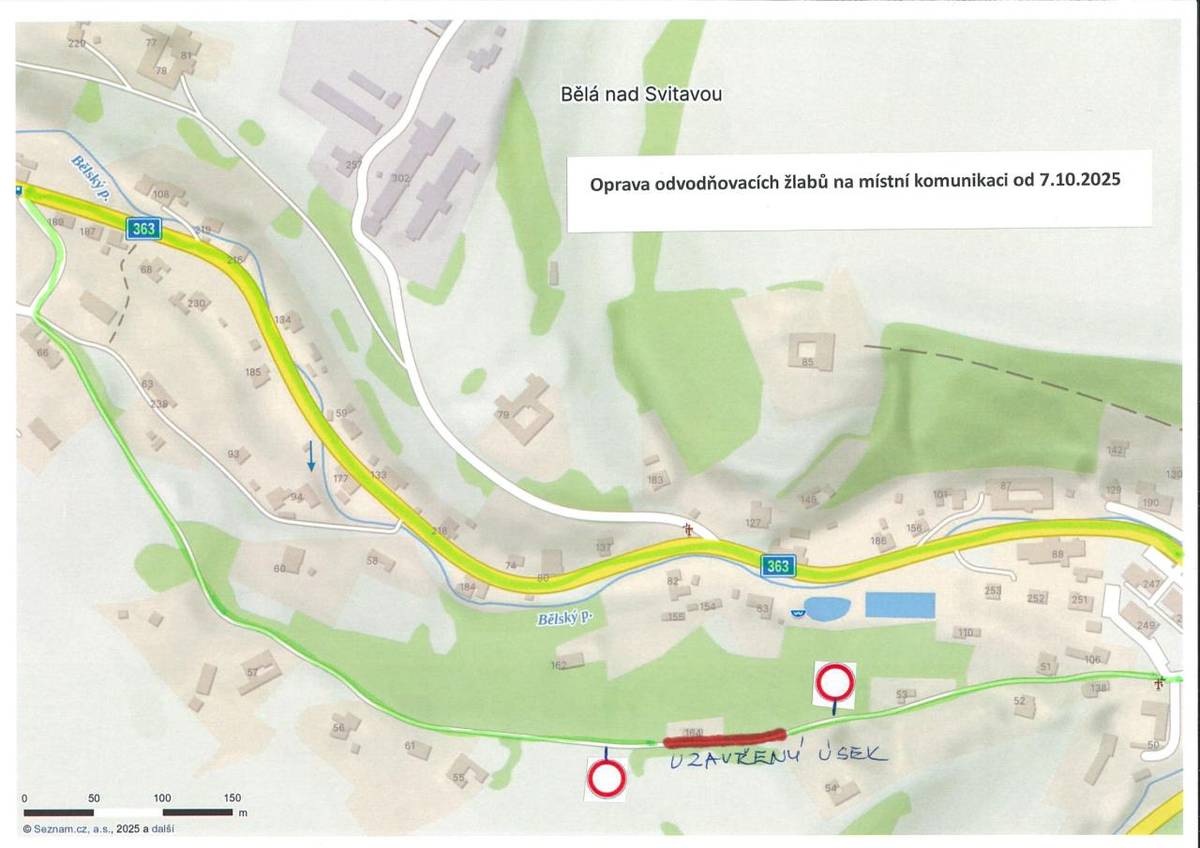 od 7.10.2025 (v závislosti na počasí) bude z důvodu opravy odvodňovacích žlabů neprůjedná místní komunikace od č.p. 53 po čp. 164. Děkujeme za pochopení, musíme to opravit :)