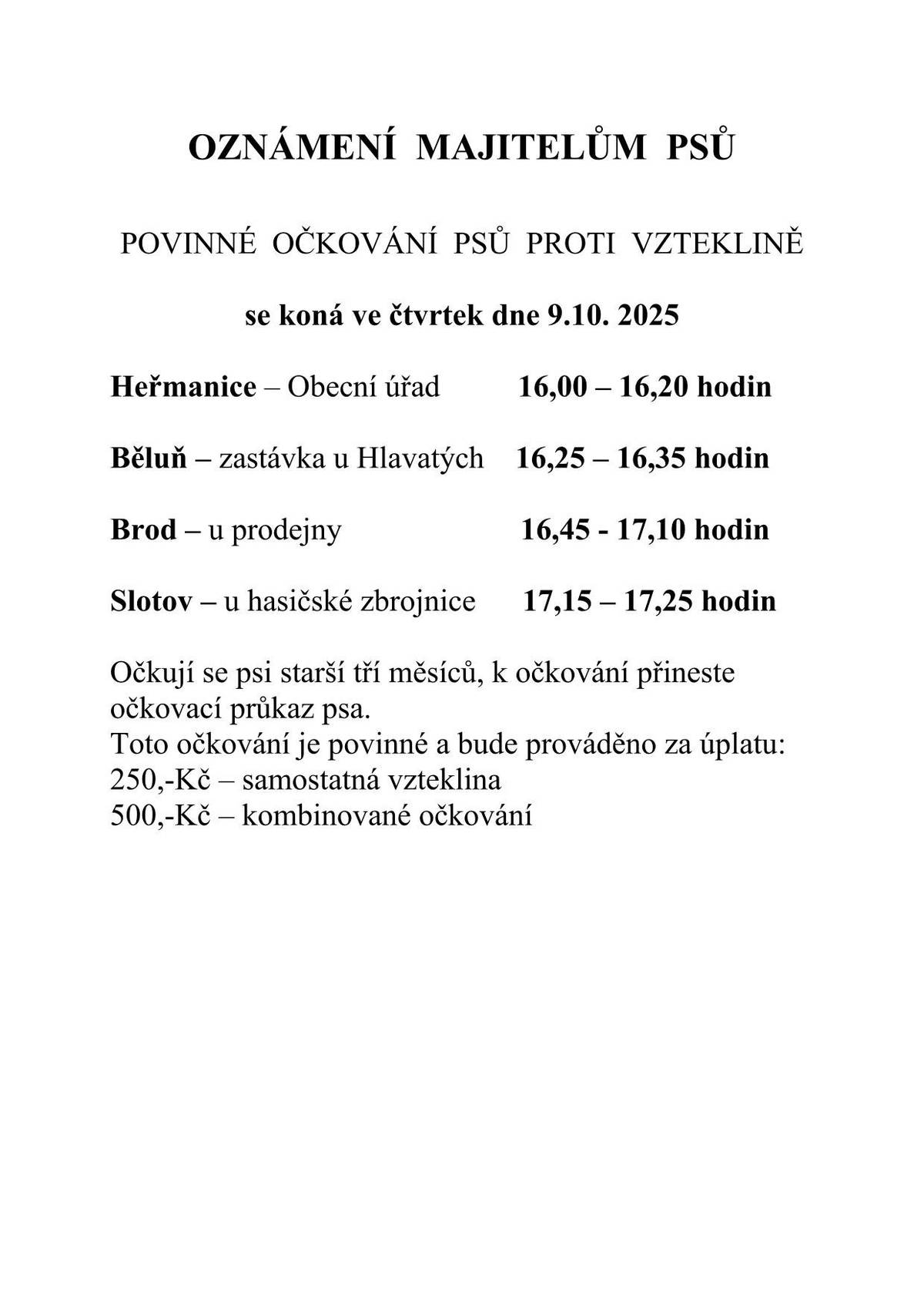 Povinné očkování psů proti vzteklině se koná ve čtvrtek dne 9.10.2025 viz. tabulka níže.