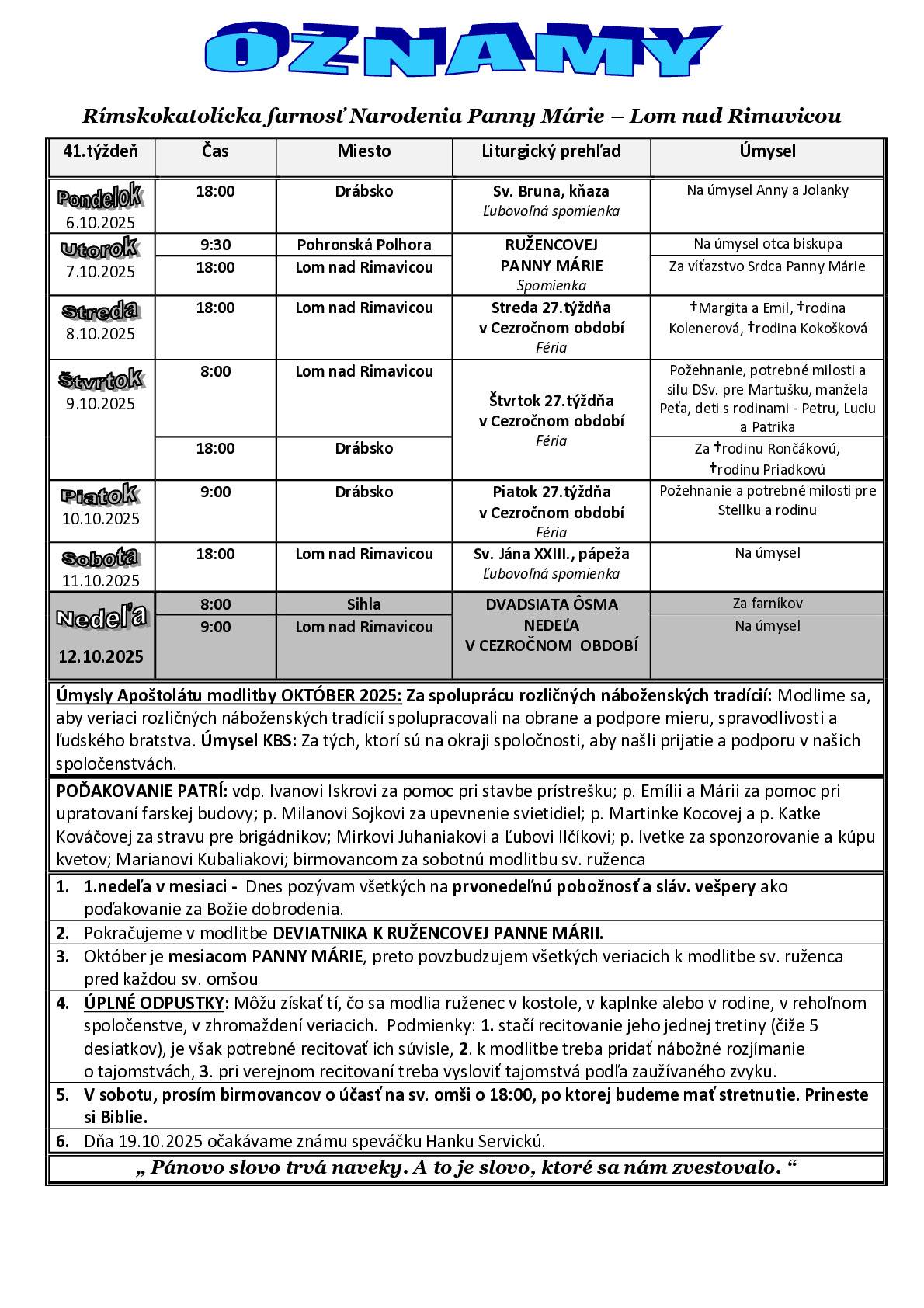 Oznamy farnosť Lom nad Rimavicou