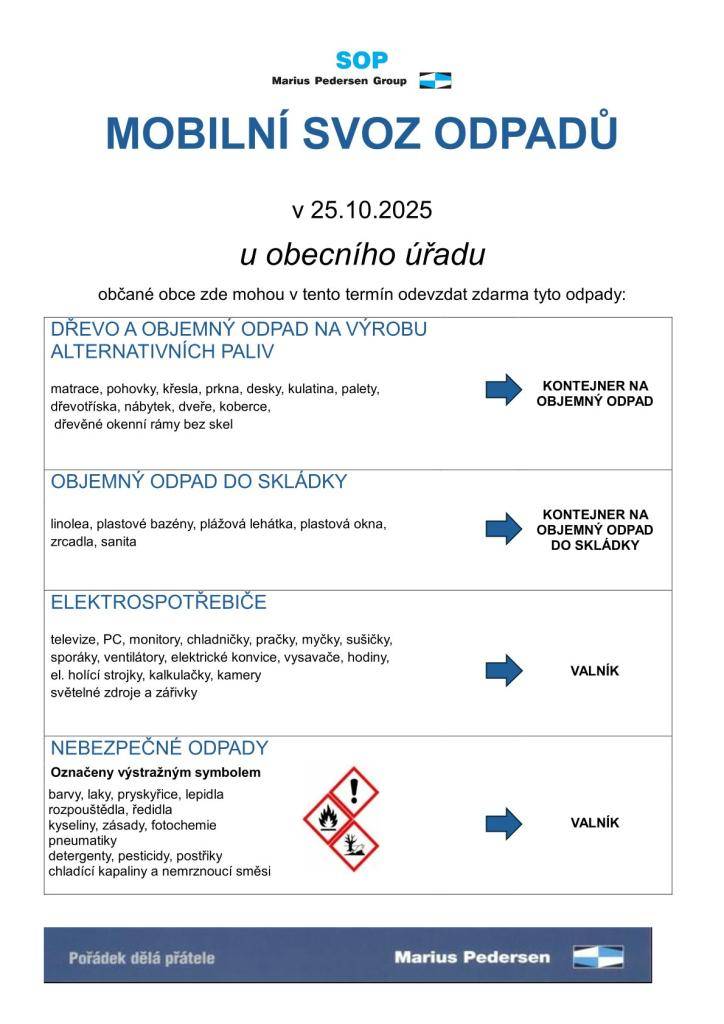 Podzimní svoz proběhne 25.10.2025 od 8:45. Svozové místo je u obecního úřadu. Jaké odpady se odevzdávají naleznete na letáku.