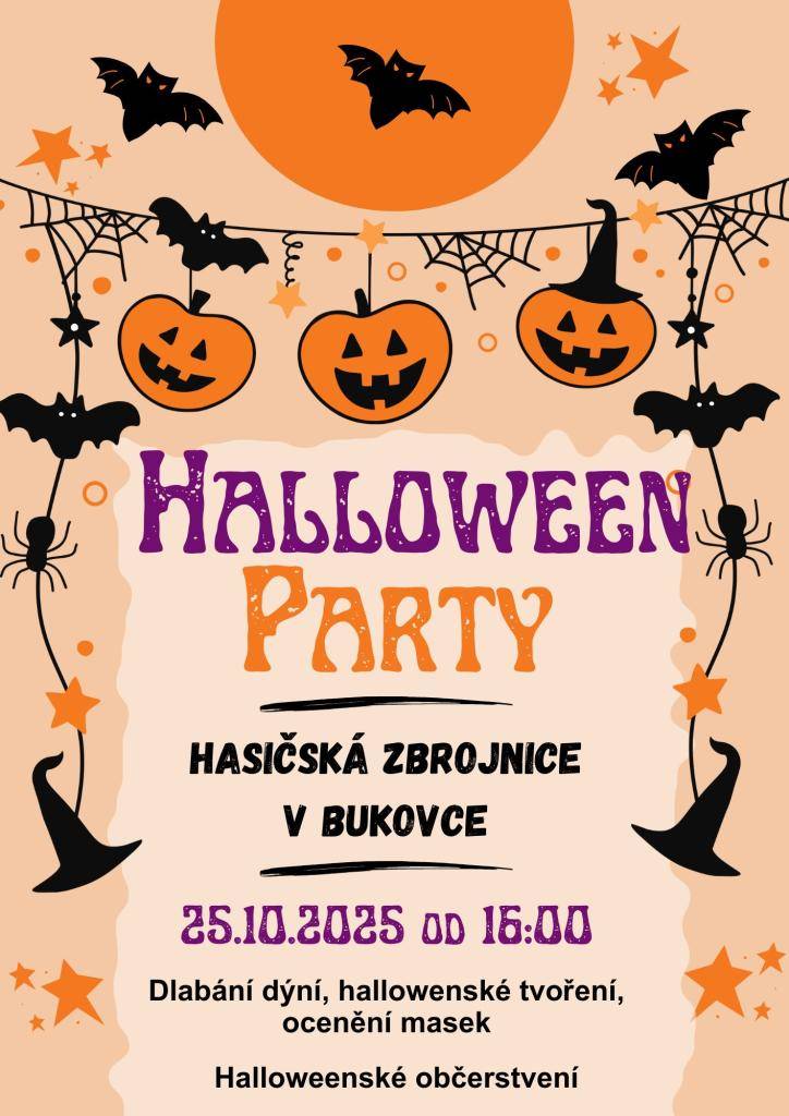 Halloween party v Bukovce. Dne 25.10.2025 v hasičské zbrojnici od 16:00. Těšíme se na vás.