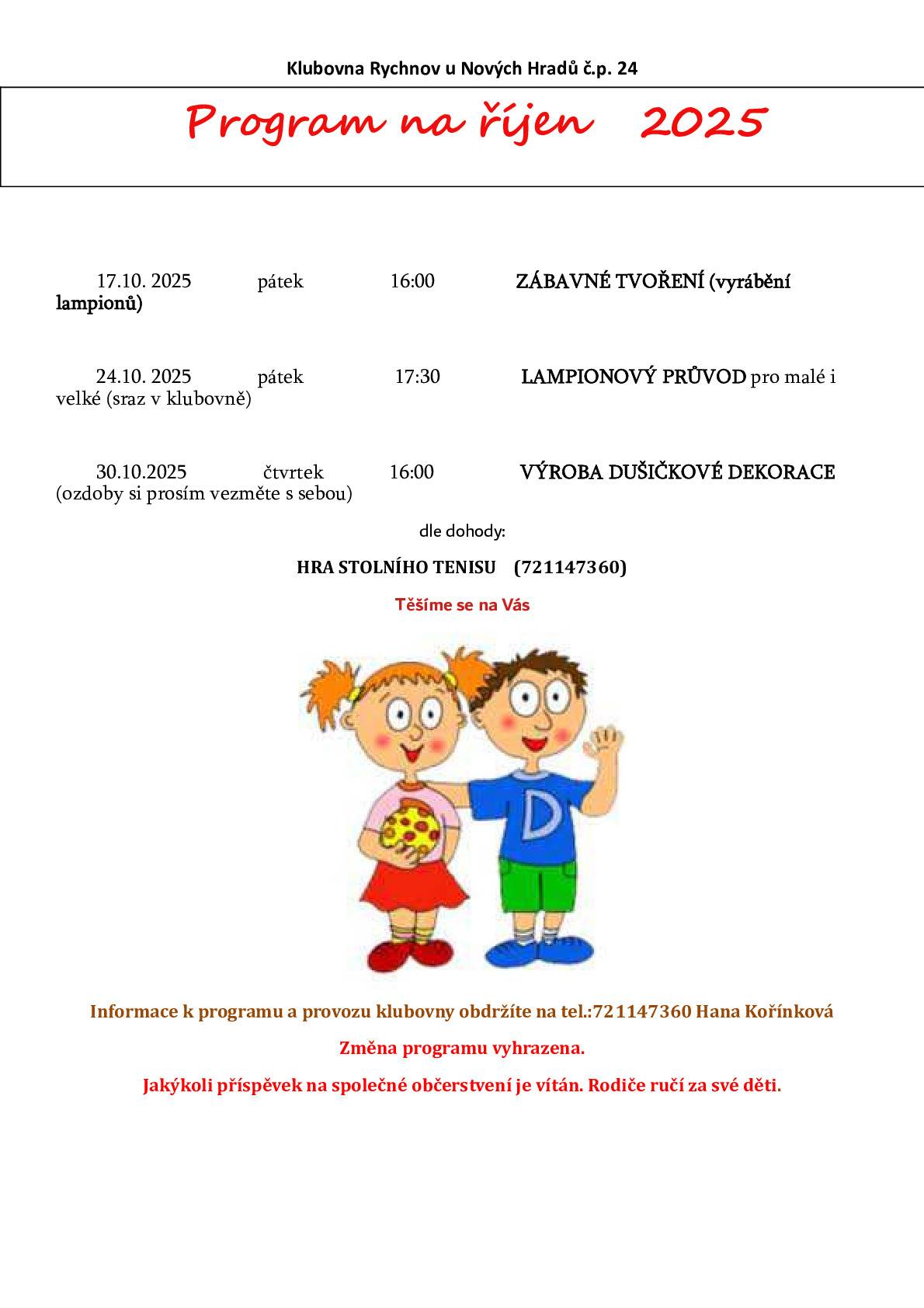 Klubovna Rychnov u Nových Hradů - program na říjen 2025.