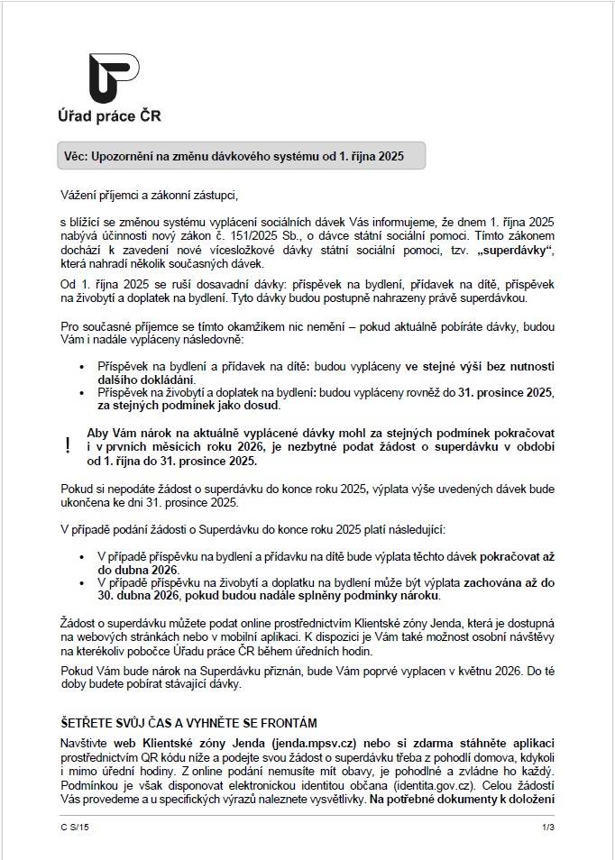 Upozornění na změnu dávkového systému od 1. října 2025