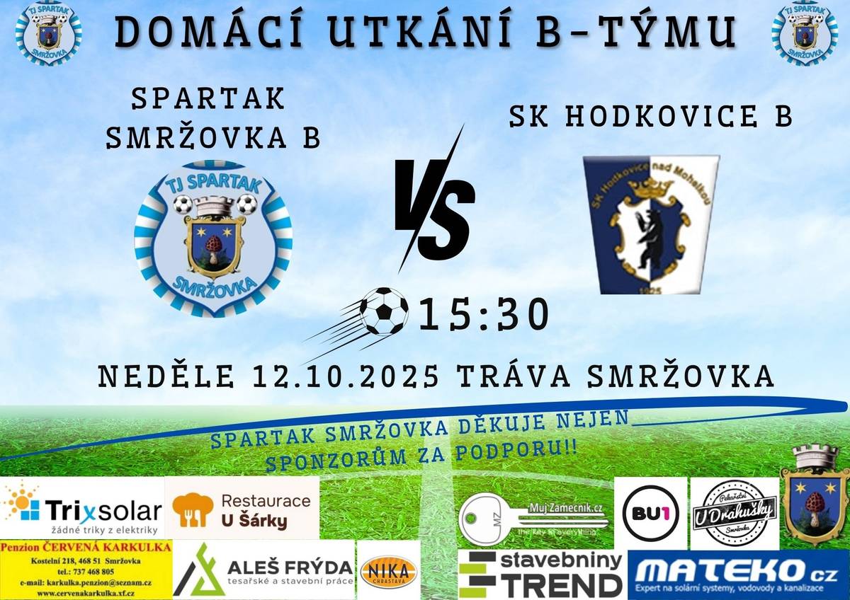 Fotbalové fanoušky zveme v neděli 12. 10. od 15.30 hodin na utkání TJ Spartak Smržovka B a SK Hodkovice B na hřišti ve Sportovní ulici.
