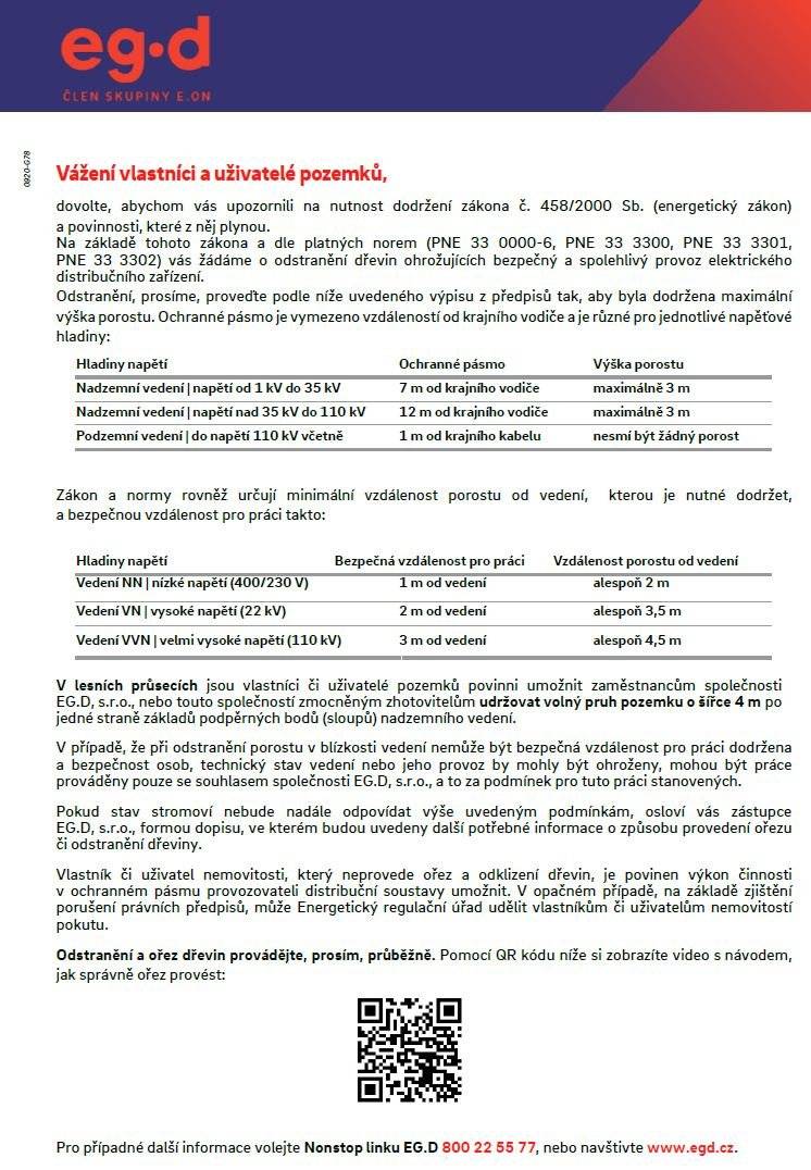 Společnost EG.D. žádá občany o odstranění dřevin ohrožujících bezpečný a spolehlivý provoz elektrického distribučního zařízení.