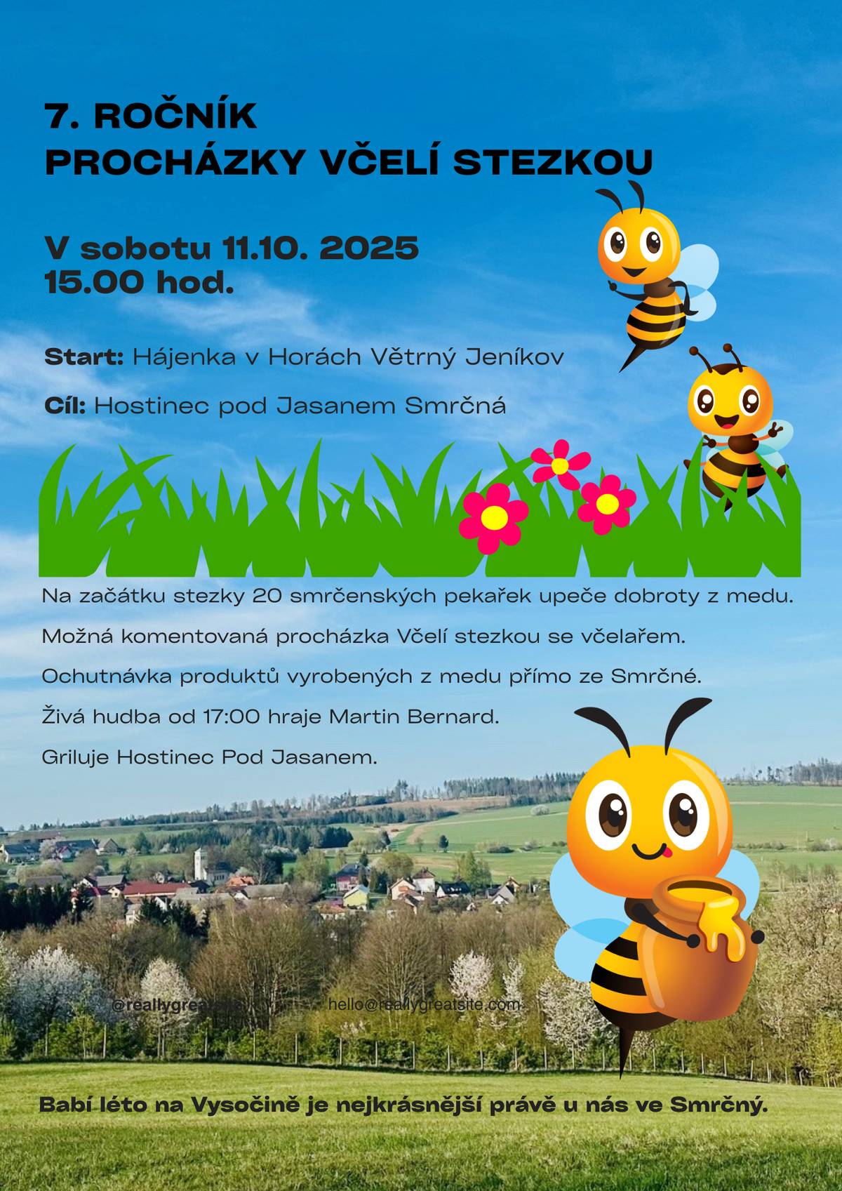 Dobrý den, přeposíláme pozvánku na akci ve Smrčné. Procházka včelí stezkou na Vysočině 2025 - viz příloha.
