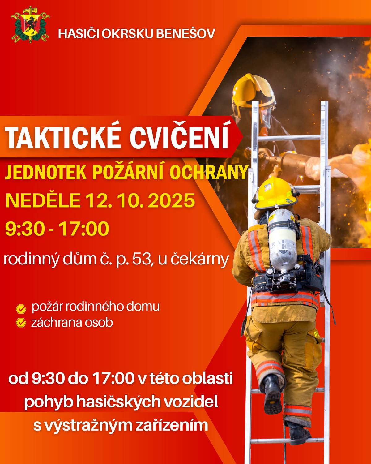 Upozorňujeme všechny občany, že v neděli 12.10.2025 bude od 9:30 do 17:00 h v Ludíkově v rodinném domě č. p. 53 (u čekárny) probíhat taktické cvičení jednotek požární ochrany - hasičů okrsku Benešov. Upozorňujeme na zvýšený pohyb hasičských vozidel s výstražnými signály z důvodu cvičení. Děkujeme Vám za pochopení.
