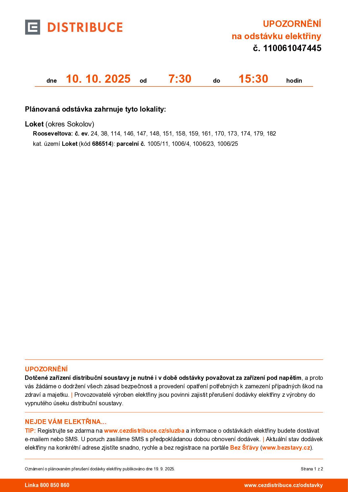 Plánovaná odstávka elektřiny