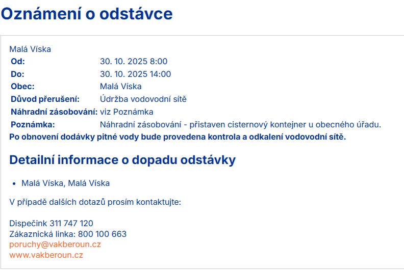 Oznámení o odstávce vody