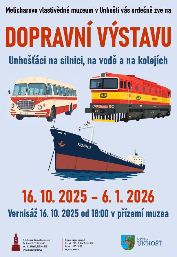 Melicharovo vlastivědní muzeum v Unhošti Vás srdečně zve na  Dopravní výstavu. Vernisáž 16.10.2025 od 18 hodin.  Termín výstavy: 16.10.2025 - 6.1.2026