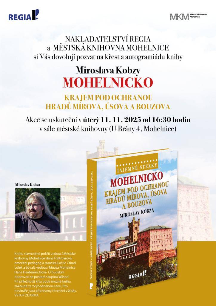 Nakladatelství Regia a Městská knihovna Mohelnice si Vás dovolují pozvat na křest a autogramiádu knihy, která se uskuteční 11.11.2025 od 16.30 v sále městské knihovny (u Brány 4, Mohelnice)
