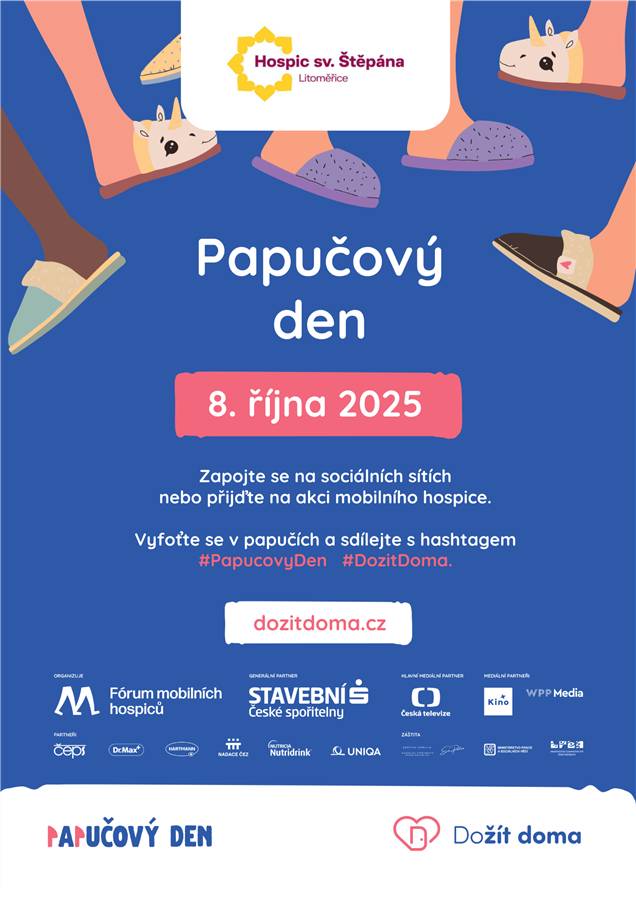Zapojte se s námi do Papučového dne 🥿❤️🏠, který proběhne 8. října v rámci celorepublikové kampaně Dožít doma. Dožít doma je kampaň na podporu mobilních a domácích hospiců.   Papuče - jednoduché ale silné gesto - jsou symbolem domova a právě vy můžete být těmi, kteří upozorní na potřebu a důležitost mobilních hospiců. Stačí ve středu 8.10. nazout místo běžných bot papuče, pantofle či bačkory, pořídit pár fotek a sdílet na sociálních sítích s hashtagem #dozitdoma a #papucovyden, třeba i s poselstvím, proč je pro vás osobně důležitá péče doma nebo by mohla být. 👣   Jak můžete dále podpořit domácí hospic?  Finančním darem na https://www.hospiclitomerice.cz/podporte-nas/daruj-den-doma Zakoupením speciálních papučí pro kampaň přímo na e-shopu hospice: https://obchod.prohospic.cz/papuce-vasky/
