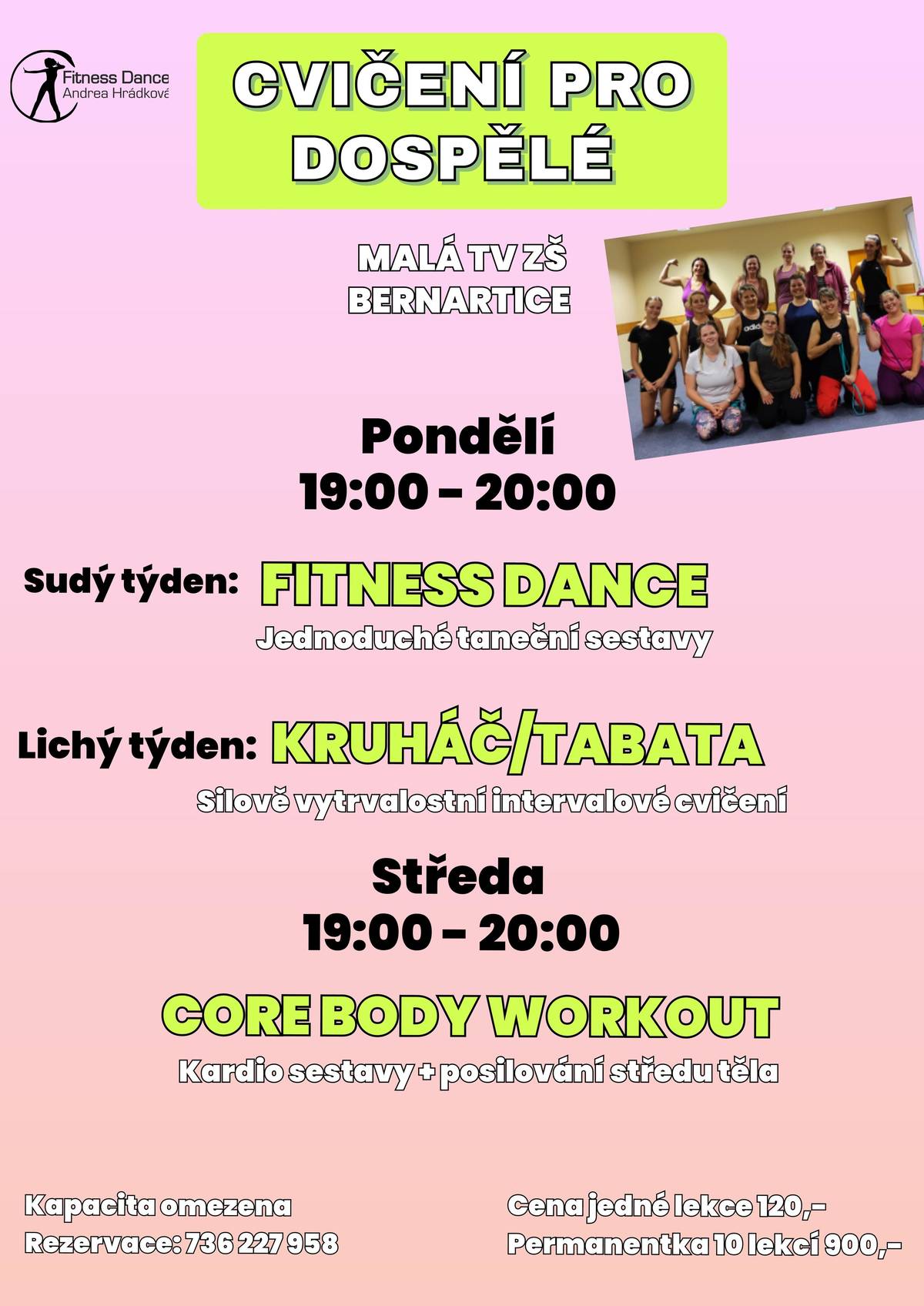 Každé pondělí a středa od 19:00 do 20:00, více informací na tel. 736 227 958