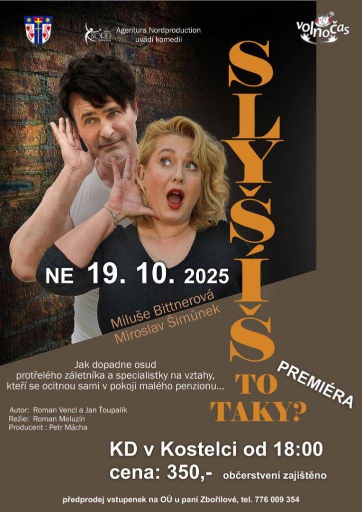 Pozvánka na divadelní představení, které proběhne 19. října v kulturním domě v Kostelci.