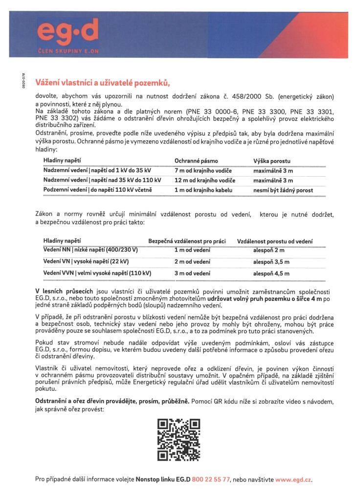 Společnost EG.D upozorňuje na nutnost ořezu, příp. odstranění dřevin, které by mohly ohrozit bezpečné a spolehlivé provozování zařízení distribuční soustavy společnosti EG.D, s.r.o.
