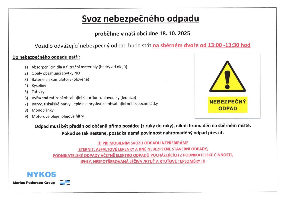 v sobotu 18. 10. 2025 na sběrném dvoře
