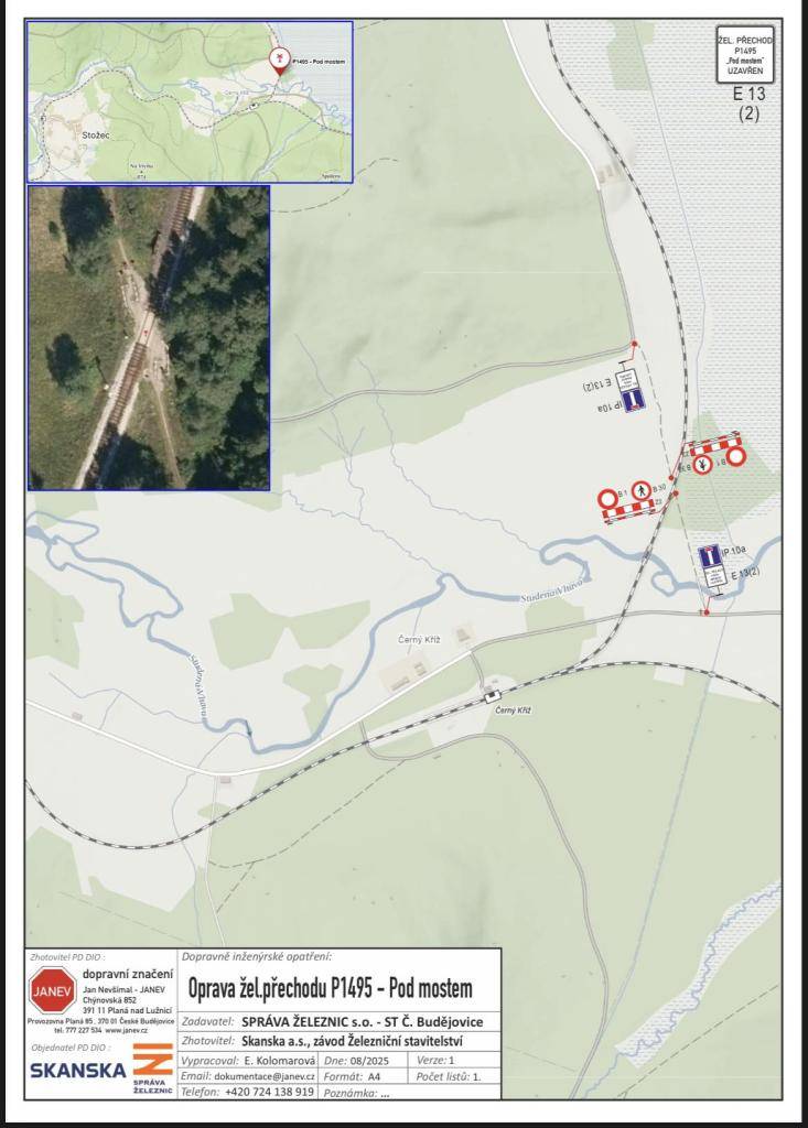 Uzavírka komunikace pro pěší a cyklisty, železniční přejezd P1495 Pod mostem, Stožec - Dobrá