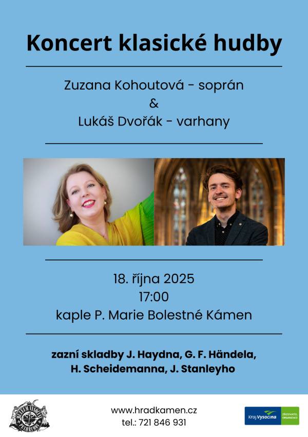 Vážení občané, zveme vás v sobotu 18. 10. 2025 od 17:00 hodin do kaple P. M. Bolestné v Kámeně na koncert klasické hudby. Drobné občerstvení zajištěno.