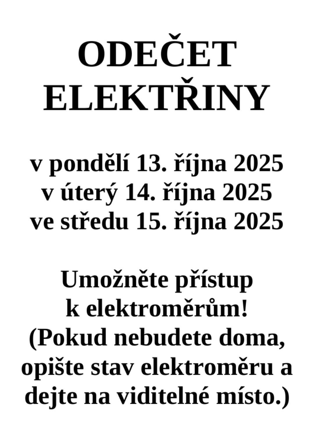 V termínu 13. až 15.10. proběhnou v naší obci odečty elektroměrů.