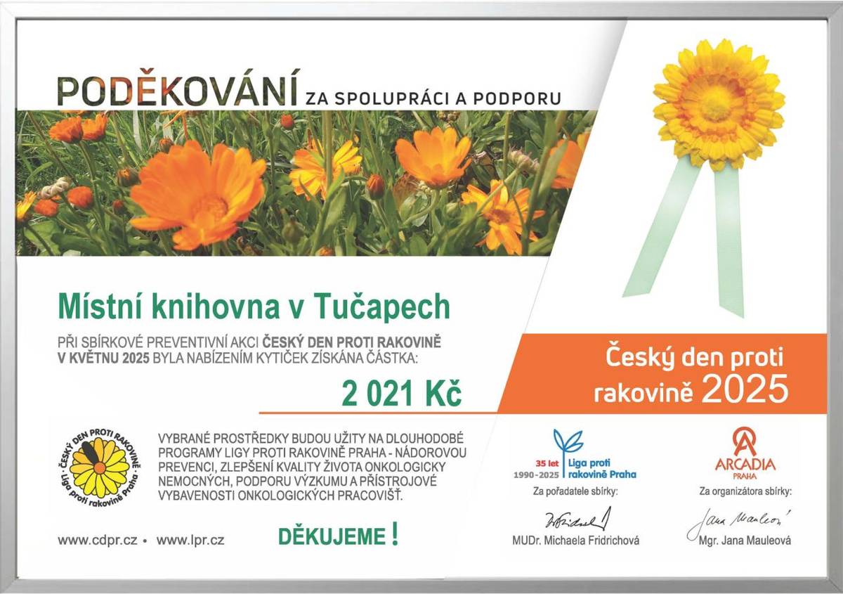 Poděkování Místní knihovně Tučapy za spolupráci při celostátní sbírce - Český den proti rakovině 2025