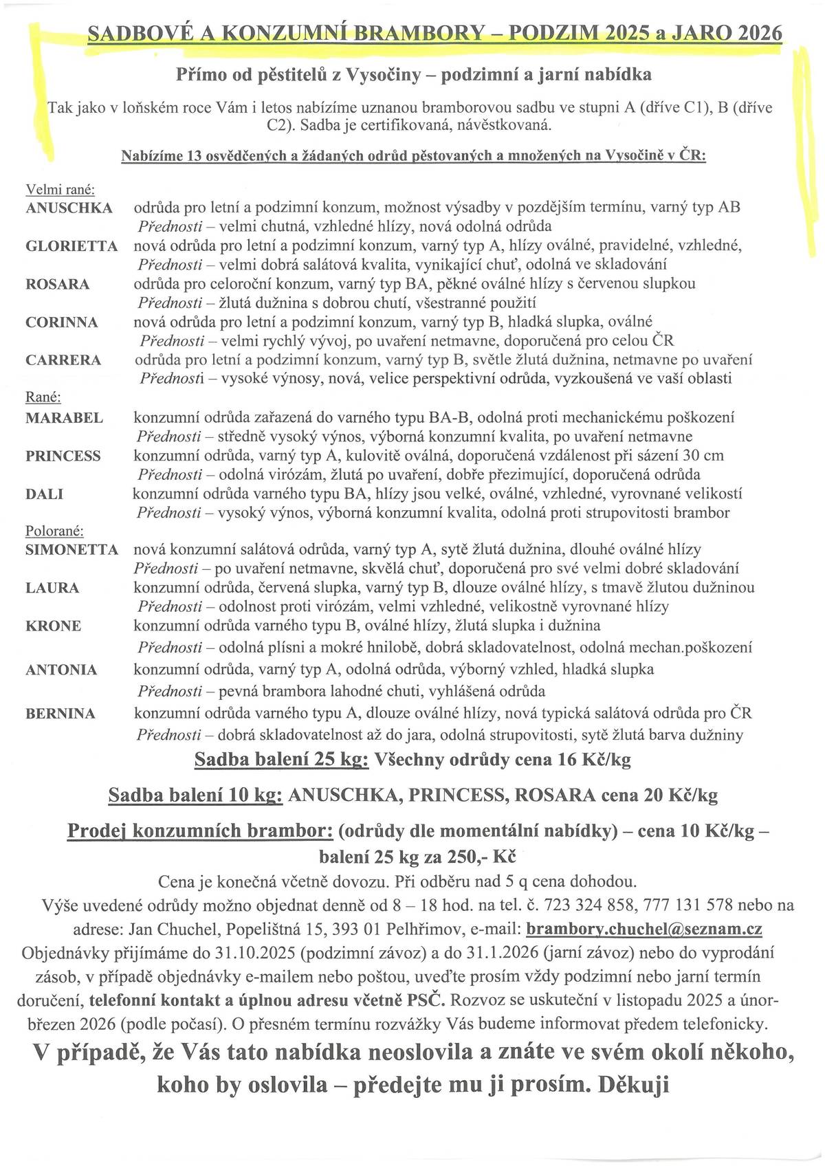 Sadbové a konzumní brambory, nabídka PODZIM 2025 a JARO 2026